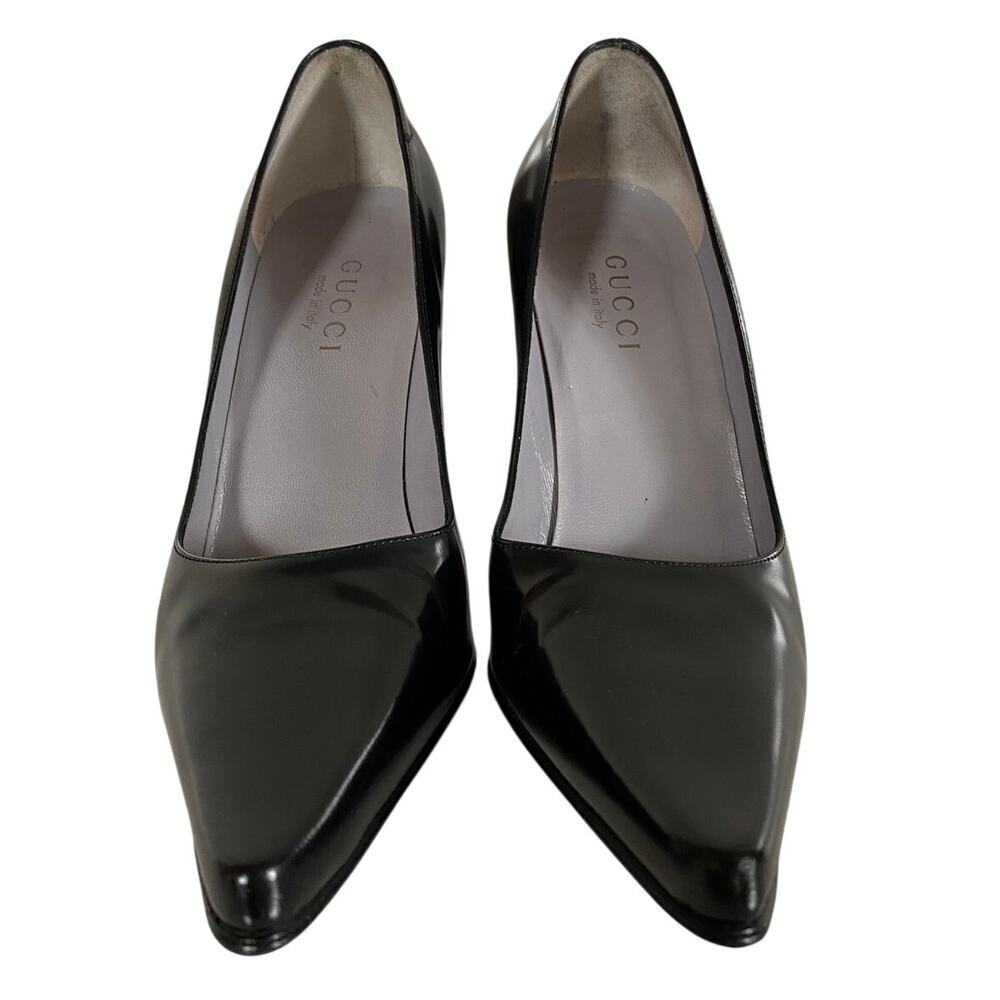 Gucci Black Brush Calf Leather Décolleté Pumps 7.5 B Made in Italy Cone Heel - Picture 3 of 16